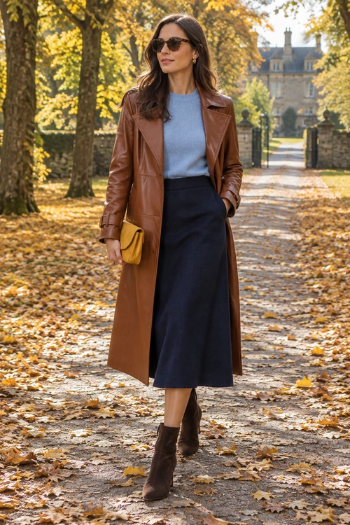 Brown Leather Coat and Navy Skirt A long brown leather coat layered over a light blue sweater and navy midi skirt, with brown boots, sunglasses, and a mustard yellow clutch.