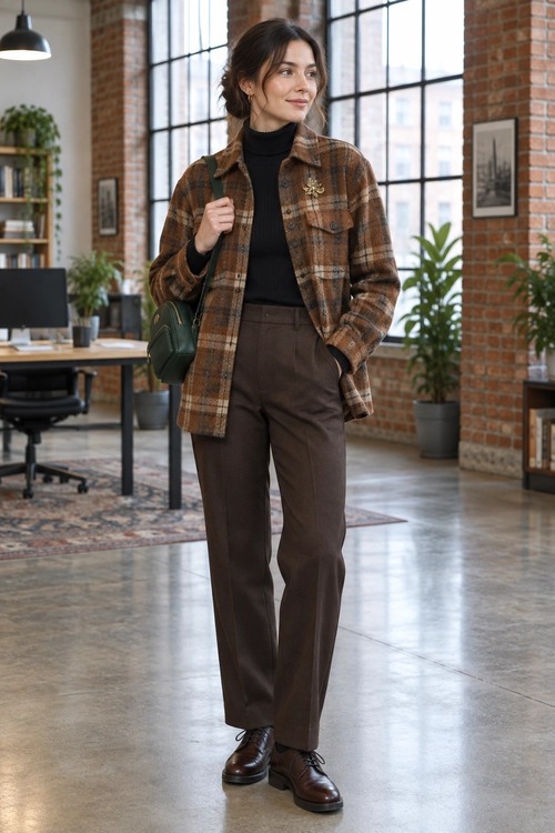A brown plaid jacket is worn over a black turtleneck with dark brown trousers, brown lace-up shoes, a green shoulder bag, and a gold brooch.