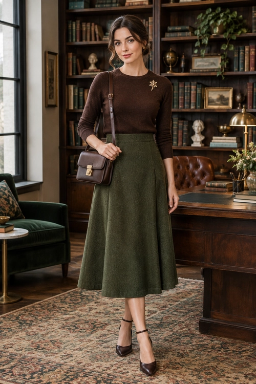 A brown long-sleeve sweater with a gold brooch is styled with an olive midi skirt, brown crossbody bag, and ankle-strap heels.