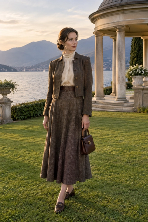 Brown Tweed Skirt Suit A brown tweed jacket and long matching skirt are worn with a cream ruffle-neck blouse, brown belt, loafers, and handbag.