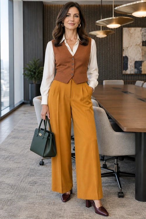 Brown Vest and Mustard Trousers A white blouse and brown buttoned vest are paired with mustard wide-leg trousers, burgundy heels, gold hoop earrings, and a dark green handbag.