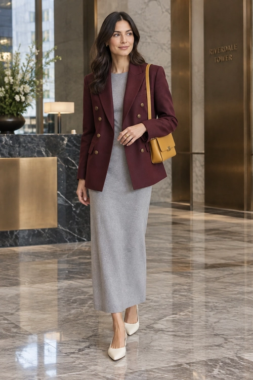 A burgundy double-breasted blazer and gray midi dress paired with white pointed-toe heels and a mustard-yellow shoulder bag.
