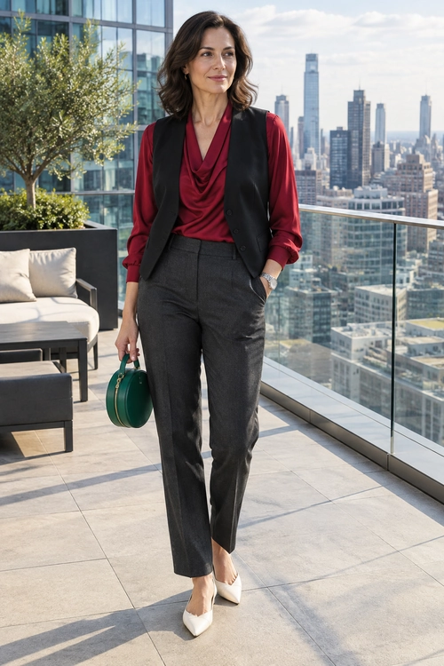 Burgundy Blouse and Tailored Trousers A burgundy draped blouse and black vest paired with charcoal tailored trousers, white pointed-toe heels, and a green handbag.