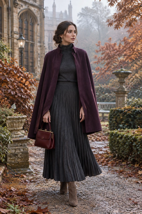 Burgundy Cape and Pleated Skirt A burgundy cape is layered over a charcoal turtleneck and long pleated skirt, with taupe ankle boots and a matching handbag.