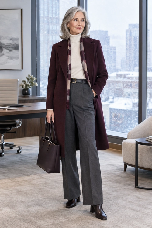 Burgundy Coat and Gray Trousers A burgundy long coat layered over a cream turtleneck and checked scarf with gray wide-leg trousers, dark ankle boots, and a matching handbag.