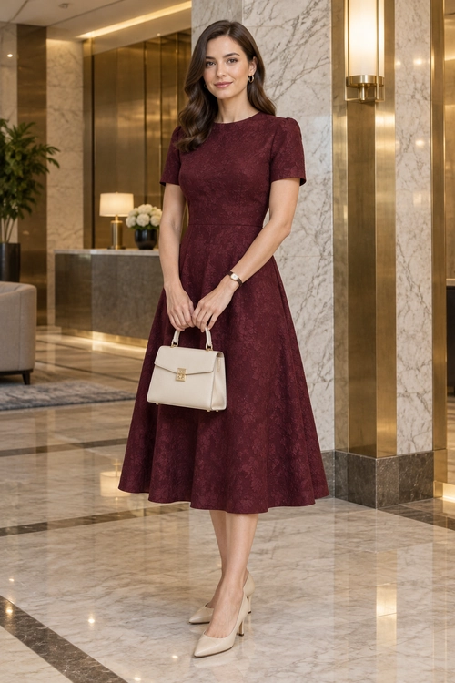A burgundy short-sleeve fit-and-flare midi dress styled with pointed beige heels, a cream handbag, a wristwatch, and hoop earrings.