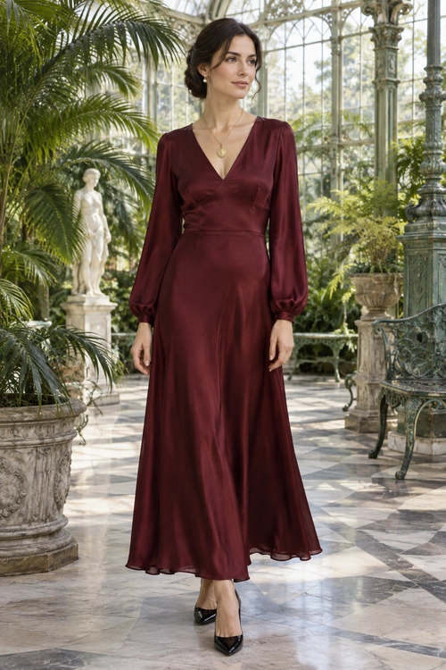 A burgundy V-neck dress with long sleeves and a flowing ankle-length skirt, styled with black pointed-toe heels and a gold pendant necklace.
