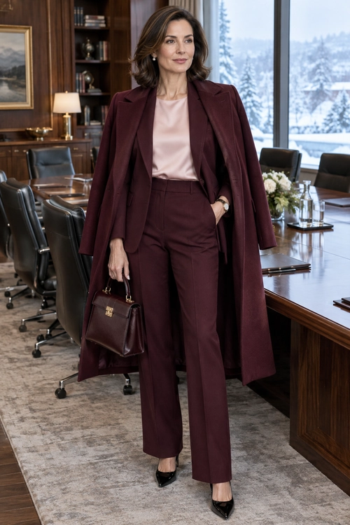 A burgundy trouser suit and long coat are styled with a blush pink blouse, dark handbag, and black heels.