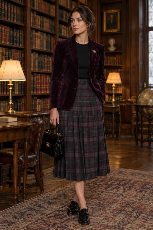 A burgundy velvet blazer and black top are paired with a long plaid skirt, black loafers, and a structured black handbag.