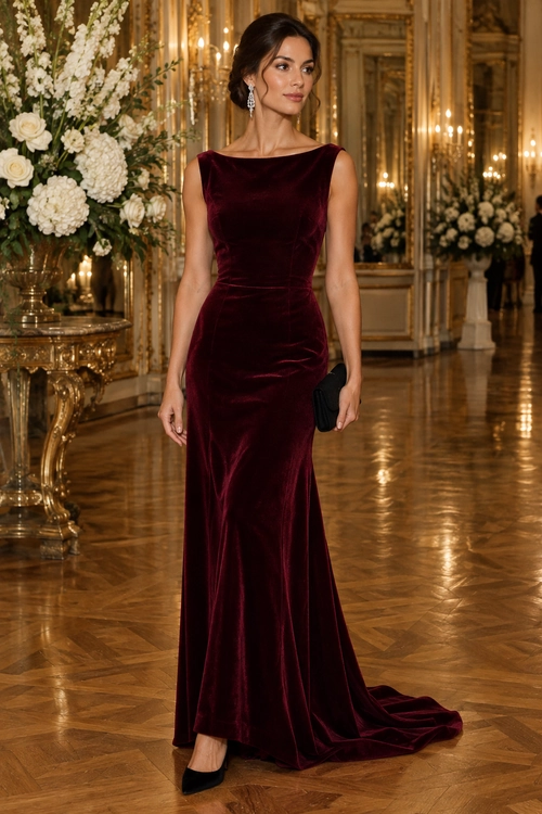 A sleeveless burgundy velvet floor-length gown styled with black heels, a black clutch, and drop earrings.
