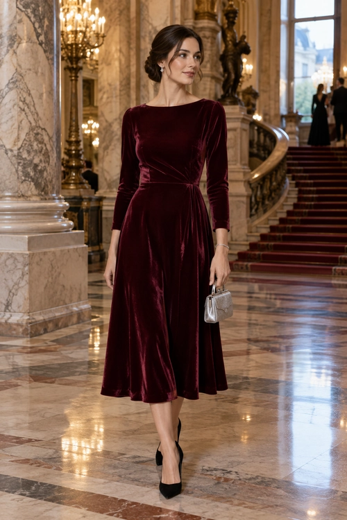 Burgundy Velvet Midi Dress A burgundy velvet midi dress with three-quarter sleeves is styled with black pointed pumps and a small silver handbag.