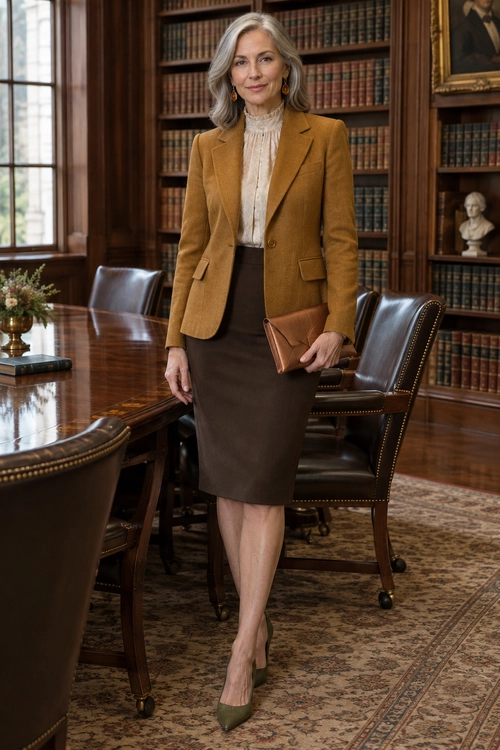 Blazer and Pencil Skirt Outfit A woman wears a camel blazer over a cream high-neck blouse with a dark brown pencil skirt, olive pointed-toe heels, gold earrings, and a tan clutch.