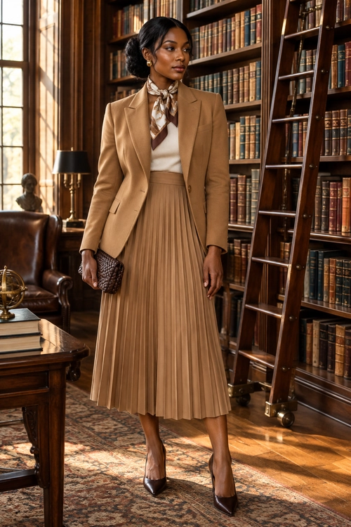Camel Blazer and Pleated Skirt A camel blazer and pleated midi skirt are paired with a cream top, patterned neck scarf, dark brown pumps, and a textured clutch.
