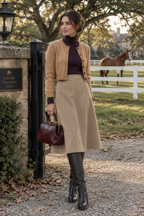 A tan button-front cardigan and plum turtleneck are paired with a beige midi skirt, black knee-high boots, and a burgundy handbag.