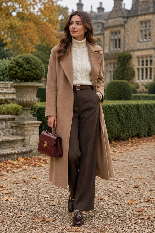 Camel Coat and Cable-Knit Outfit A long camel coat is layered over a cream cable-knit turtleneck and dark brown wide-leg trousers, with a brown belt, burgundy handbag, and brown loafers.