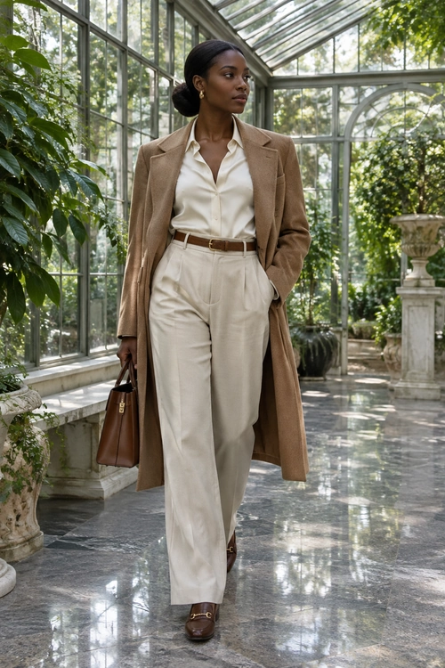 Camel Coat and Cream Trousers A camel coat is layered over a cream blouse and wide-leg trousers, with a brown belt, loafers, handbag, and gold earrings.