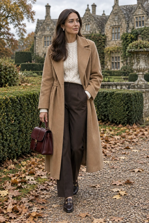 Camel Coat and Cable-Knit Outfit A long camel coat layered over a cream cable-knit sweater and dark brown trousers, with dark loafers and a burgundy handbag.