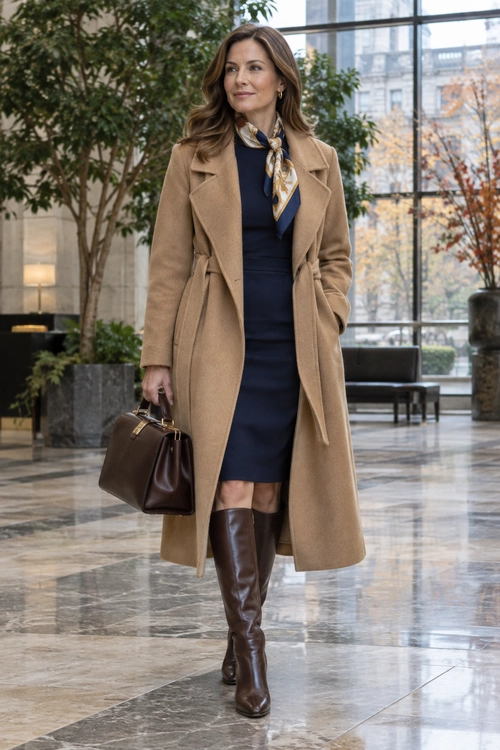 Camel Coat and Navy Dress A woman wears a belted camel coat over a navy dress with a patterned scarf, brown knee-high boots, and a structured brown handbag.