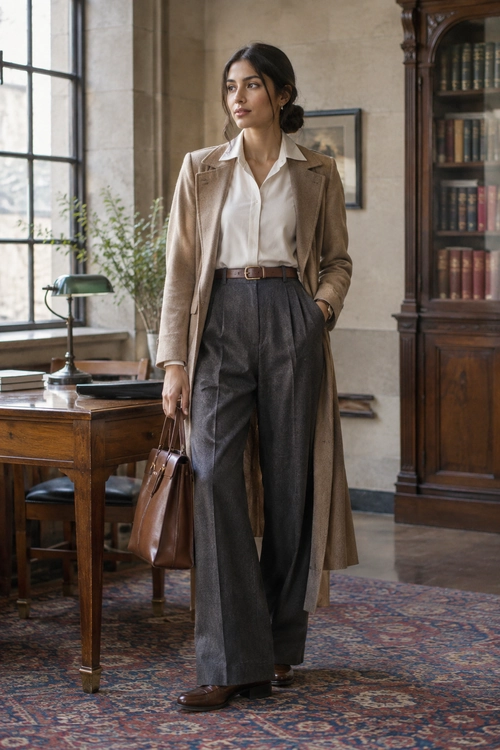 A long camel coat layers over a white blouse and charcoal wide-leg trousers, styled with a brown belt, leather handbag, and brown loafers.