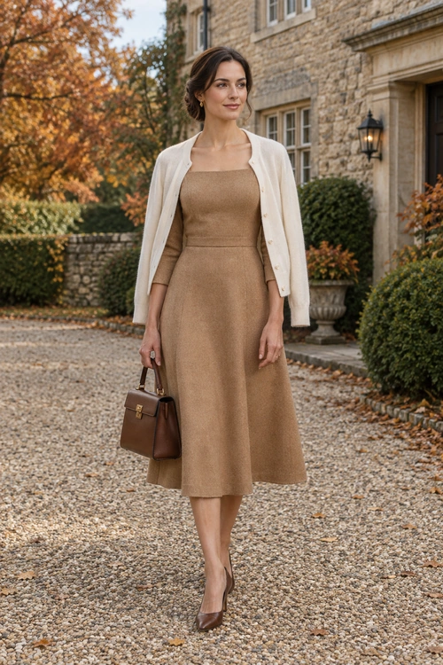 A camel midi dress is paired with a cream cardigan draped over the shoulders, a brown handbag, and brown pumps.