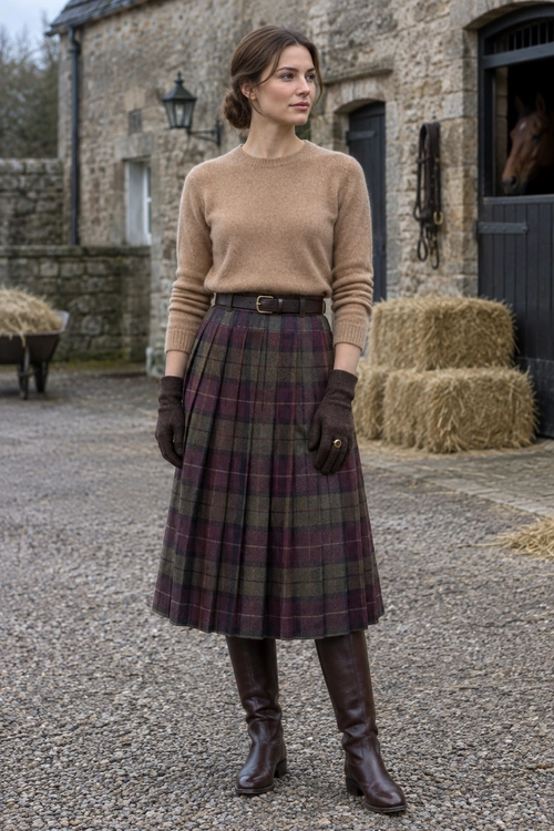 A camel sweater is paired with a burgundy and olive plaid skirt, dark gloves, a brown belt, and knee-high leather boots.