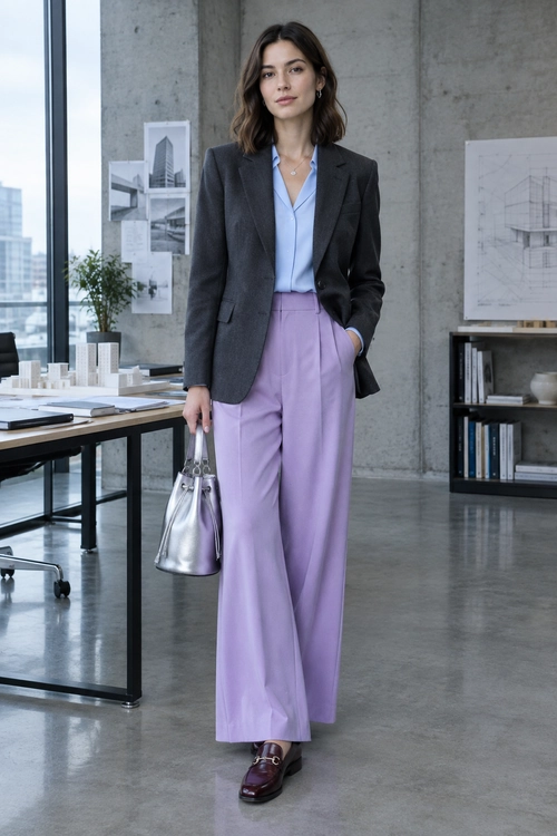A charcoal blazer and pale blue shirt are paired with lilac wide-leg trousers, burgundy loafers, and a silver handbag.