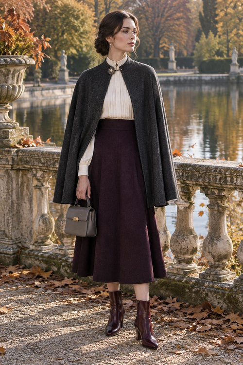 A charcoal cape is worn over a cream high-neck blouse and burgundy midi skirt, with dark leather boots and a structured handbag.