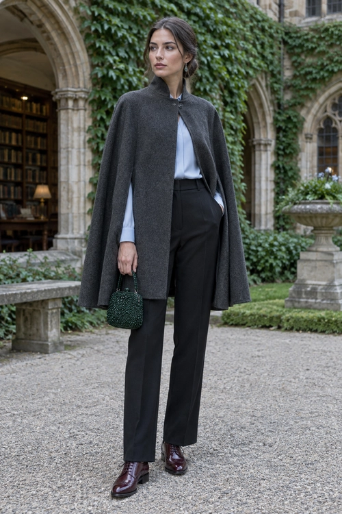 Charcoal Cape and Tailored Trousers A charcoal cape is layered over a pale blue shirt and black tailored trousers, with burgundy lace-up boots and a dark green handbag.