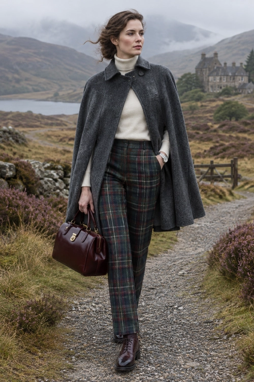Charcoal Cape and Tartan Trousers A charcoal cape-style coat layered over a cream turtleneck and plaid trousers, with brown lace-up boots and a burgundy handbag.