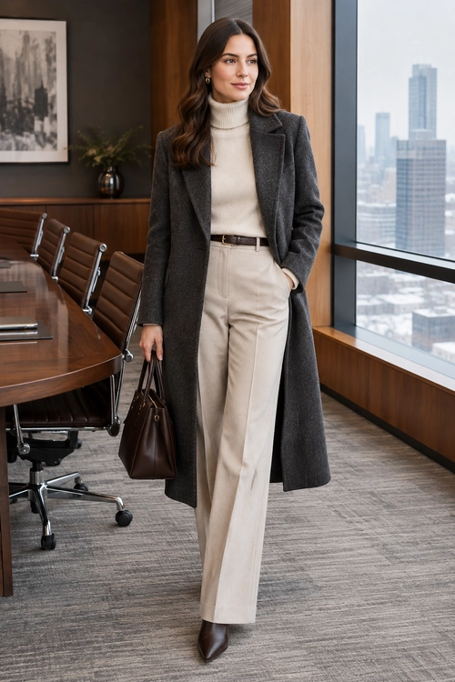 Polished Neutral Office Outfit A charcoal long coat layered over a cream turtleneck and wide-leg trousers, with a brown belt, tote bag, and pointed-toe boots.