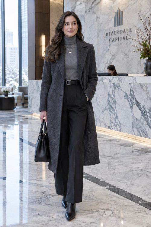Charcoal Coat Office Look A woman wears a charcoal long coat over a gray turtleneck and black wide-leg trousers, with ankle boots and a black handbag.