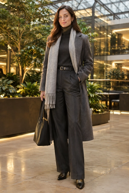 Polished Charcoal Winter Outfit A charcoal long coat and wide-leg trousers are styled with a black turtleneck, light gray fringed scarf, belt, black boots, and tote bag.