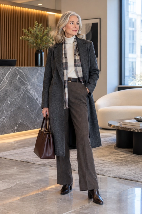 Classic Charcoal Coat Outfit A charcoal long coat layered over a cream turtleneck and plaid scarf, with wide-leg trousers, black ankle boots, and a brown handbag.