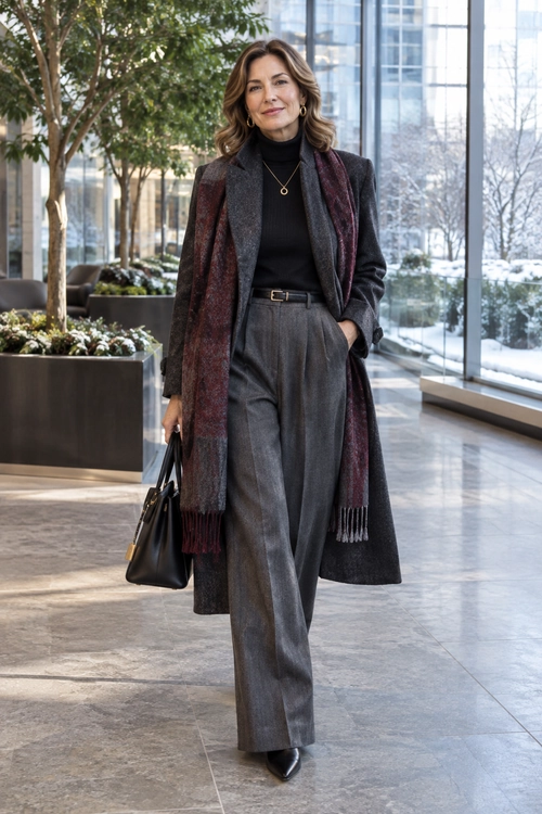 A woman wears a charcoal long coat, burgundy scarf, black turtleneck, gray wide-leg trousers, and black accessories.