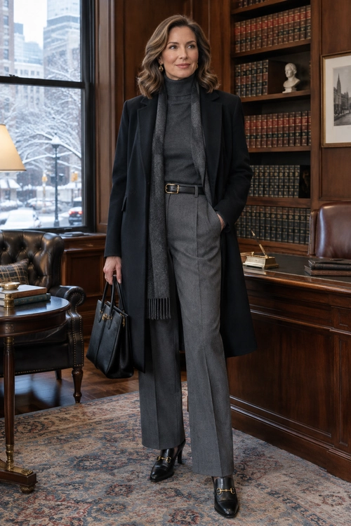 A gray turtleneck and tailored trousers are layered with a long black coat and gray scarf, with black loafers and a structured handbag.