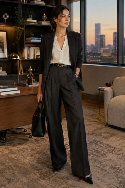 A charcoal blazer and wide-leg trousers are styled with an ivory blouse, black belt, pointed shoes, and a structured black handbag.