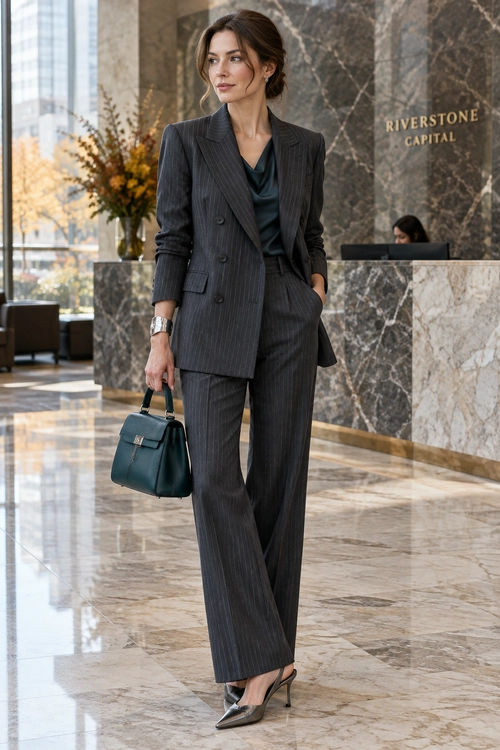 Charcoal Pinstripe Suit A charcoal pinstripe suit with wide-leg trousers is paired with a dark teal blouse, pointed heels, a teal handbag, and a silver watch.