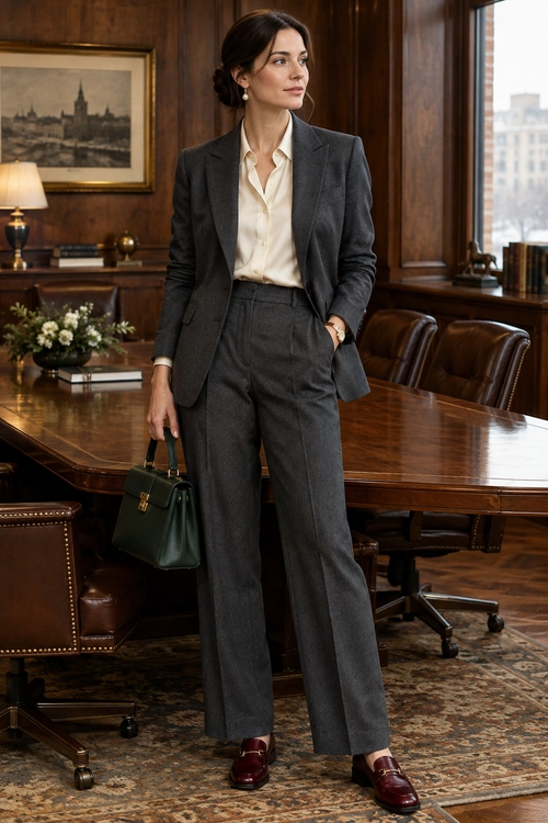 Charcoal Suit with Burgundy Loafers A charcoal gray suit with an ivory blouse, burgundy loafers, and a dark green handbag.