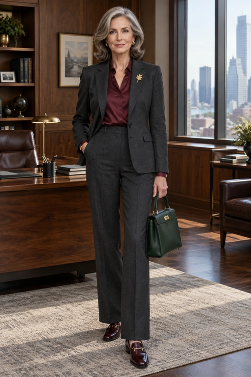 A charcoal blazer and wide-leg trousers styled with a burgundy shirt, burgundy shoes, and a dark green handbag.