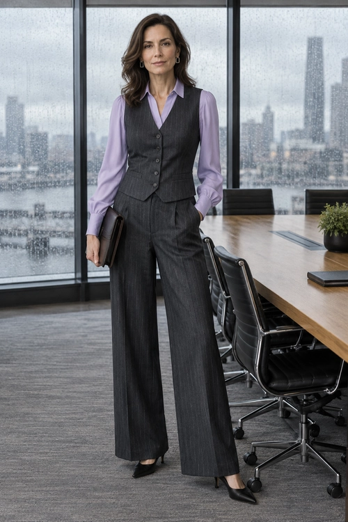 Charcoal Suit with Lavender Blouse A tailored charcoal waistcoat and wide-leg trousers worn with a lavender blouse and black pointed-toe heels.
