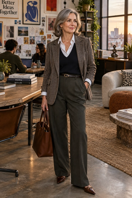A checked blazer, white shirt, dark sweater vest, and wide-leg trousers create a polished outfit with brown loafers and a leather tote.