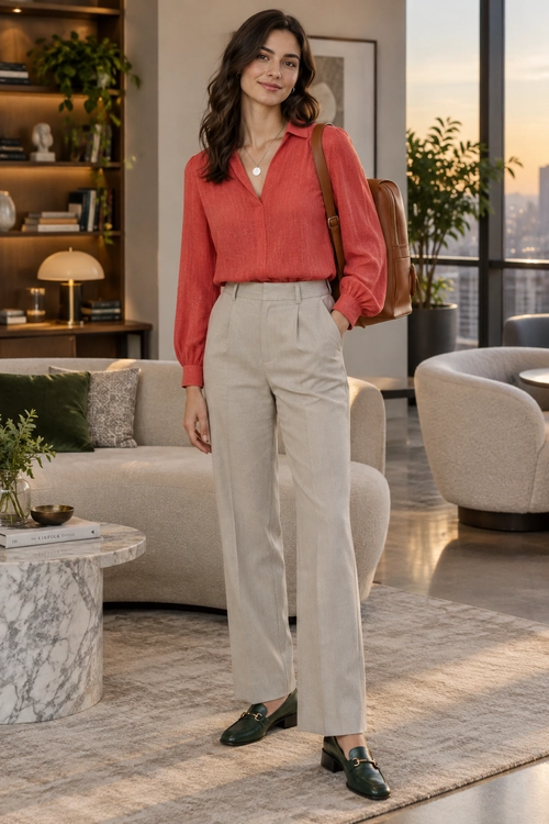 Coral Blouse and Tailored Trousers A coral long-sleeve blouse is tucked into beige tailored trousers, with dark green loafers, a brown backpack, and a pendant necklace.