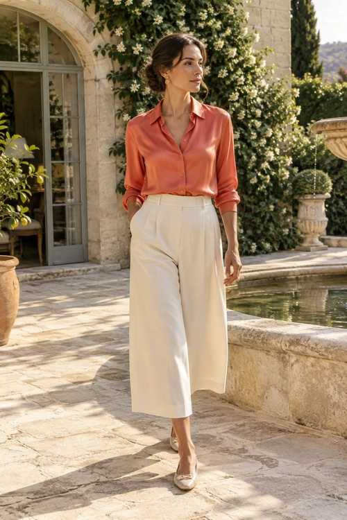 A coral button-front blouse with rolled sleeves is tucked into cream cropped wide-leg trousers, paired with beige flats and small hoop earrings.