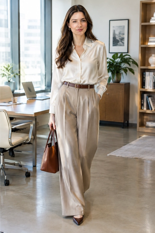 A cream button-front blouse is tucked into taupe wide-leg trousers with a brown belt, brown tote, and pointed-toe shoes.
