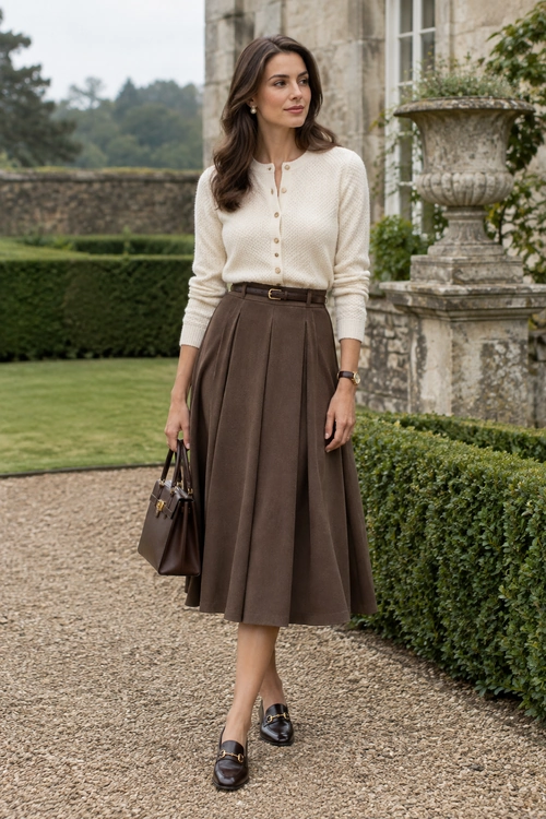 Cream Cardigan and Brown Pleated Skirt A cream button-front cardigan is tucked into a brown pleated midi skirt with a slim belt, dark loafers, and a matching handbag.