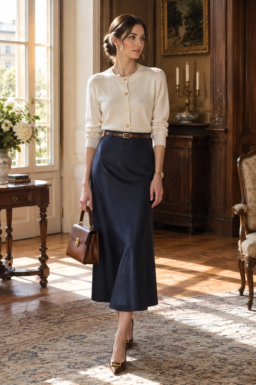 Cream Cardigan and Navy Midi Skirt A cream button-front cardigan is tucked into a navy midi skirt, with a brown belt, matching handbag, and pointed-toe heels.