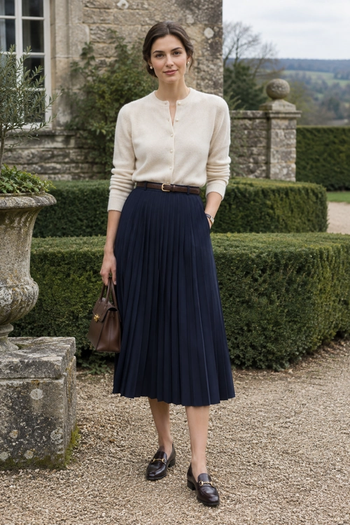 Cream Cardigan and Navy Pleated Skirt A cream button-front cardigan is tucked into a navy pleated midi skirt with a brown belt, brown handbag, and dark brown loafers.