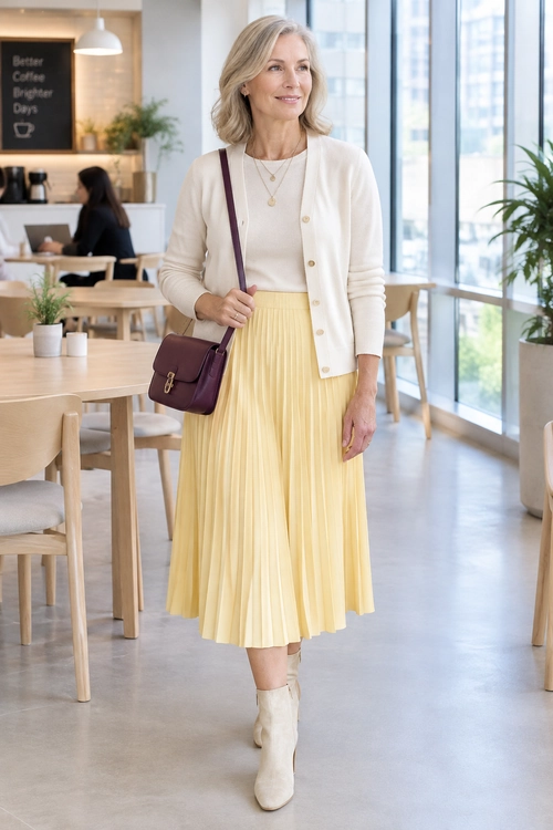 A cream cardigan and light top are paired with a pale yellow pleated midi skirt, cream ankle boots, and a burgundy crossbody bag.