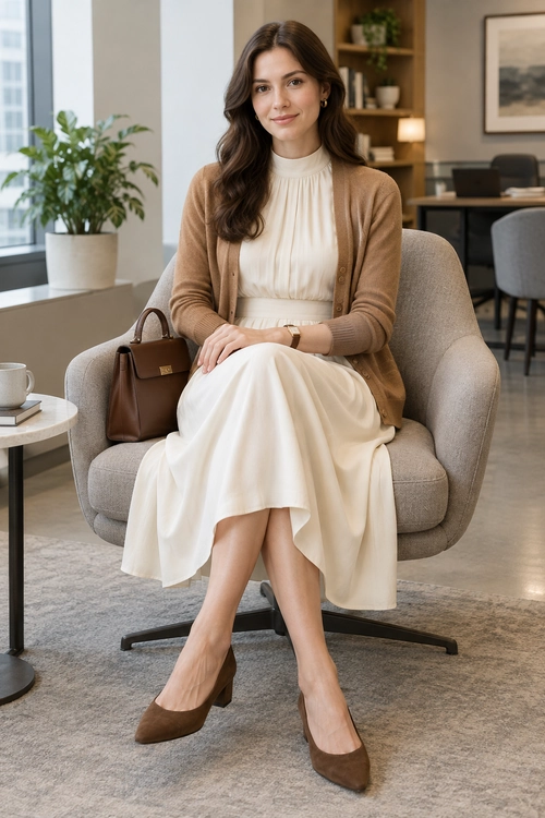 A cream high-neck midi dress is styled with a camel cardigan, brown pointed-toe heels, and a brown handbag.