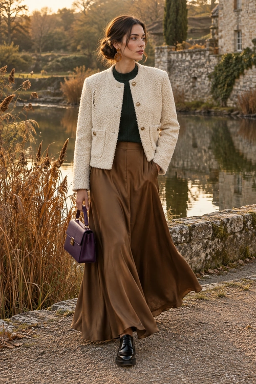 Cream Jacket and Brown Maxi Skirt A cream textured jacket layered over a dark green knit top with a flowing brown maxi skirt, black shoes, gold earrings, and a purple handbag.